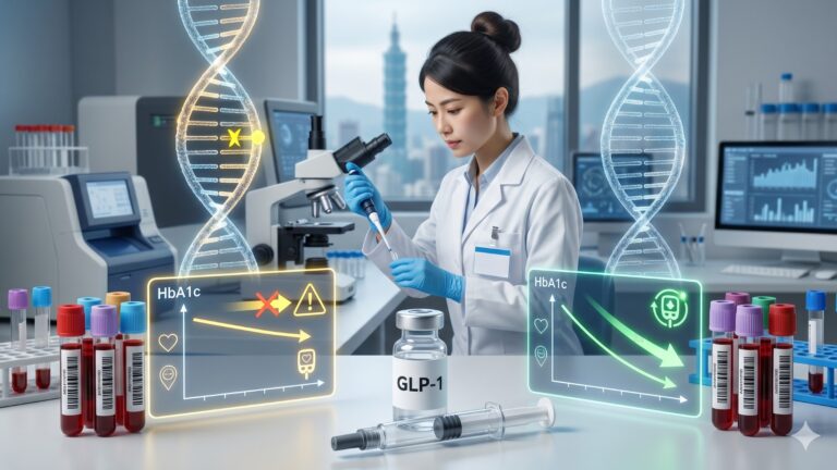 GLP-1受體促效劑與HbA1c變化及PAM基因研究實驗室示意圖
