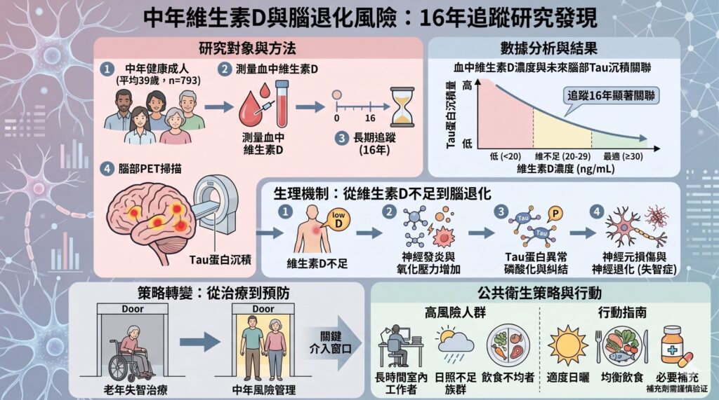 維生素D與失智風險有關?追蹤16年揭關鍵證據 維生素D越高Tau沉積越低 3 中年維生素D濃度,與腦部Tau蛋白沉積關聯,及失智症風險機轉分析圖