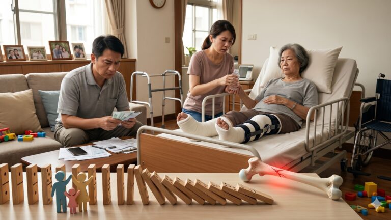 高齡女性骨折後臥床照護,家屬面臨照護與經濟壓力,呈現骨質疏鬆症骨折造成家庭骨牌效應