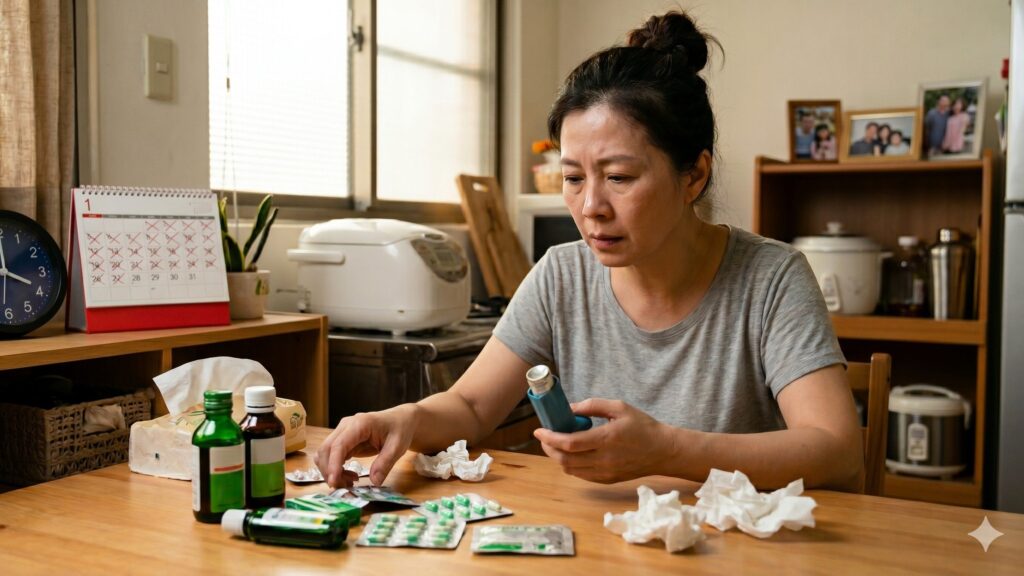 中年女性在家中面對氣喘吸入劑與多種藥物，提醒氣喘治療需規律追蹤與正確用藥