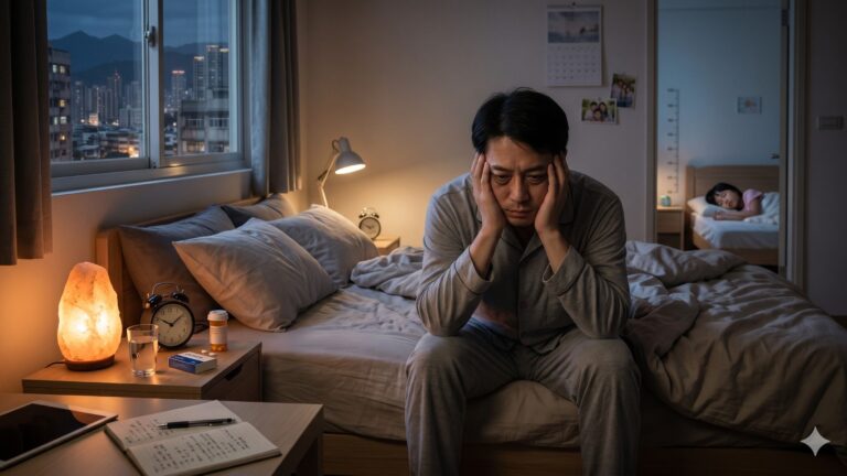 男性深夜因失眠坐在床邊感到疲憊，旁邊有藥物、筆記與家人睡眠情境，呈現睡眠障礙對家庭生活的影響
