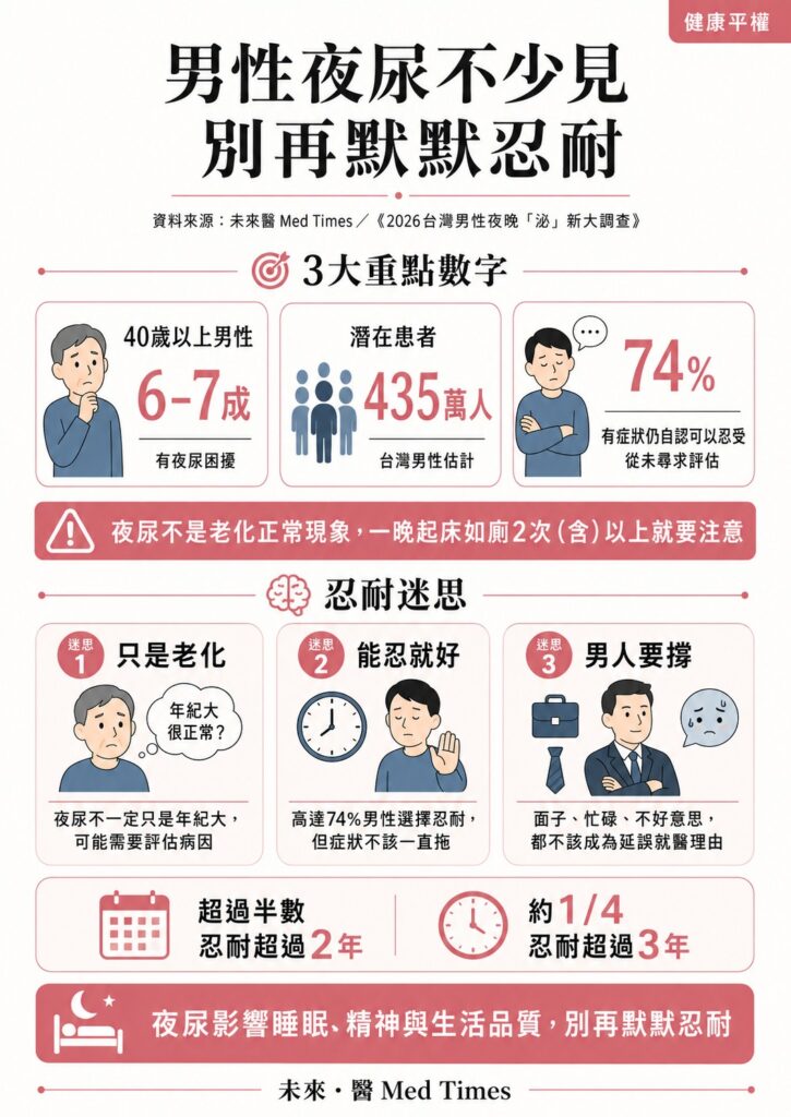 男性夜尿調查整理40歲以上男性夜尿比例、潛在患者人數與自認可忍受未就醫情形