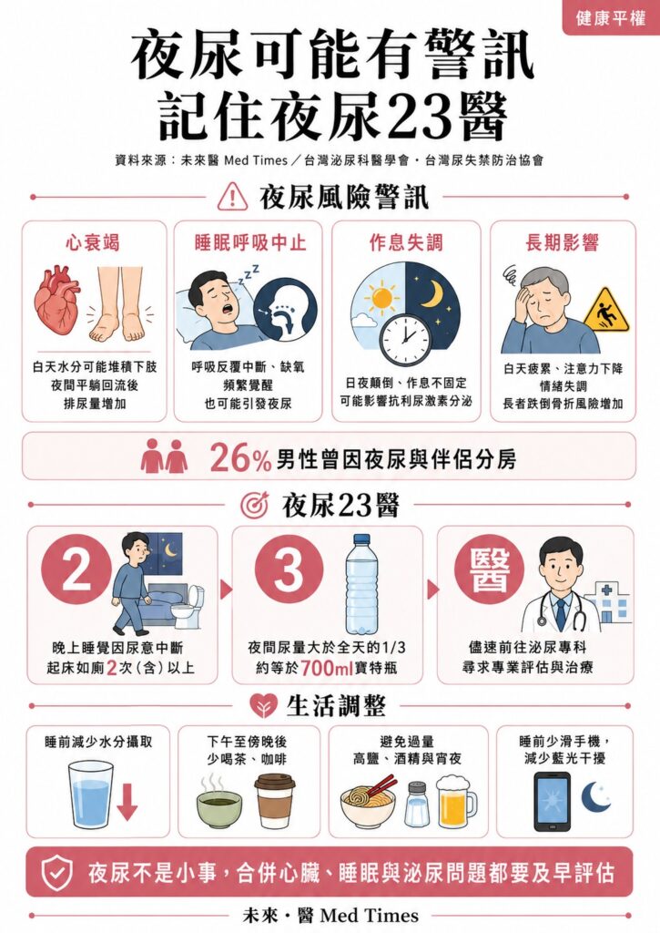夜尿23醫口訣整理一晚如廁2次以上、夜間尿量超過全天三分之一與就醫提醒
