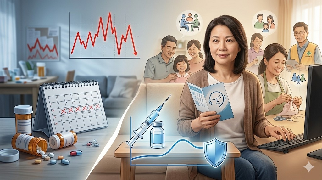 思覺失調症不是多重人格!楊聰財醫師:長效針劑與社區支持是避免復發關鍵 2 思覺失調症長效針劑治療示意,呈現停藥復發風險與穩定治療後回歸家庭社區生活