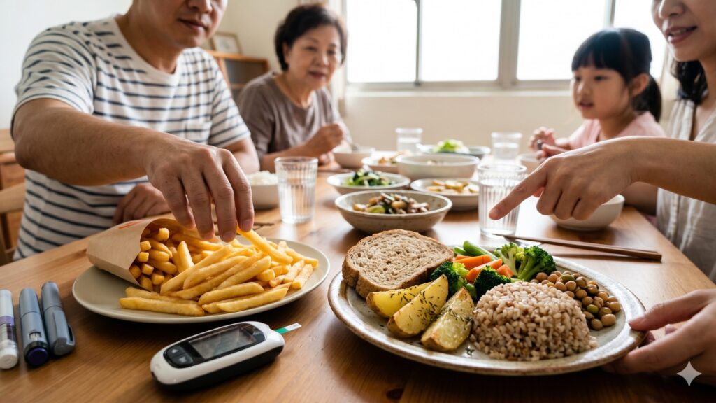 家庭餐桌上有人伸手拿炸薯條,旁邊放有血糖機與全穀類、蔬菜、豆類餐盤,呈現糖尿病風險與飲食選擇提醒