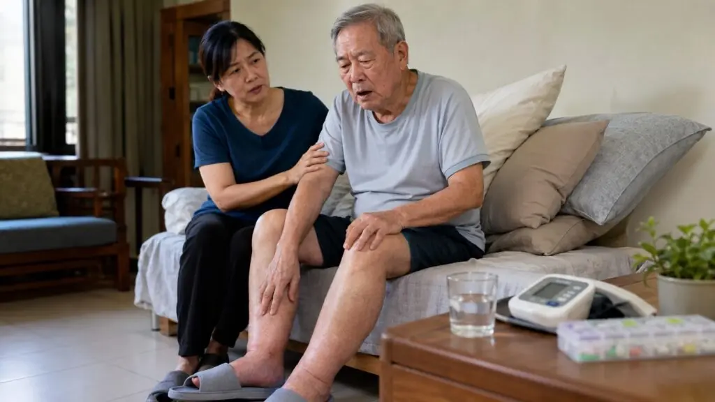 心臟衰竭走向慢性病時代,三高控制不佳影響微血管:治療預後關鍵在「好好吃藥」 3 高齡男性出現呼吸急促與雙腿水腫,家屬在旁攙扶並關心身體狀況