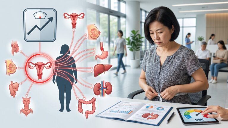 中年女性測量腰圍並了解BMI增加與乳癌、子宮內膜癌、大腸直腸癌及多器官癌症風險