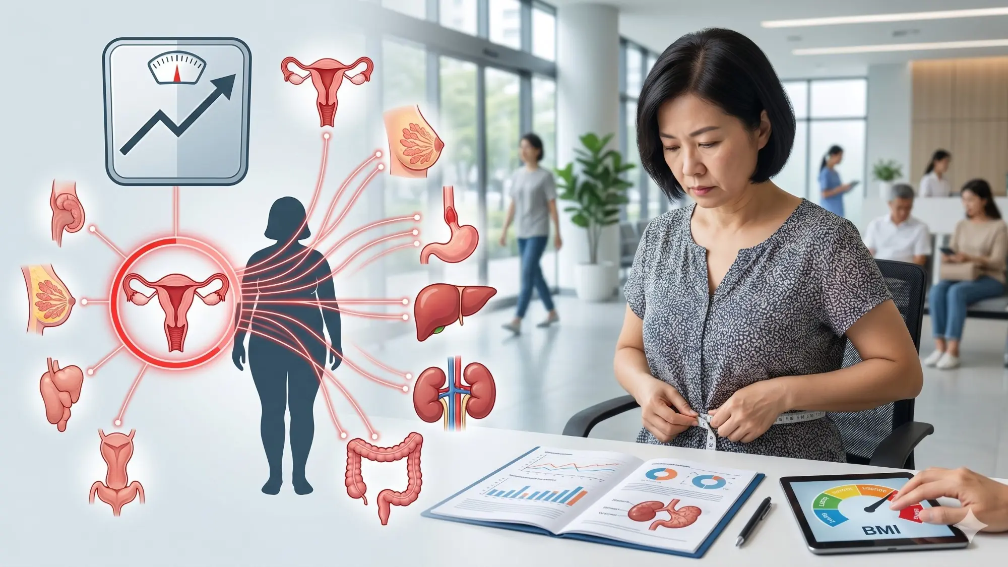 中年女性測量腰圍並了解BMI增加與乳癌、子宮內膜癌、大腸直腸癌及多器官癌症風險