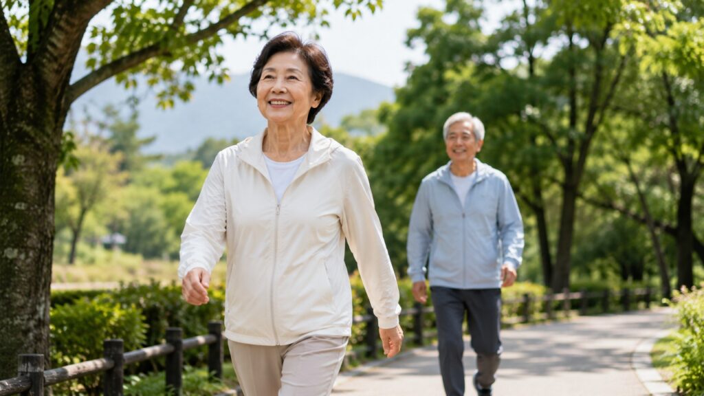 高齡男女在公園健走，呈現正向老化信念與健康功能改善議題