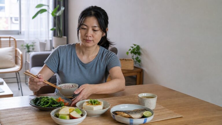 臺灣中年女性在家準備份量適中的均衡餐食,呈現熱量限制與健康老化議題