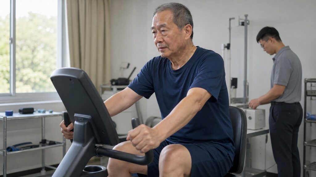 高齡男性在研究場域進行固定式自行車運動,工作人員於後方準備設備