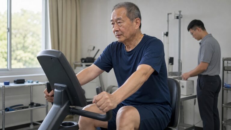 高齡男性在研究場域進行固定式自行車運動，工作人員於後方準備設備