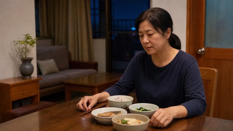中年臺灣女性在晚餐桌前暫停用餐並安靜看著餐點