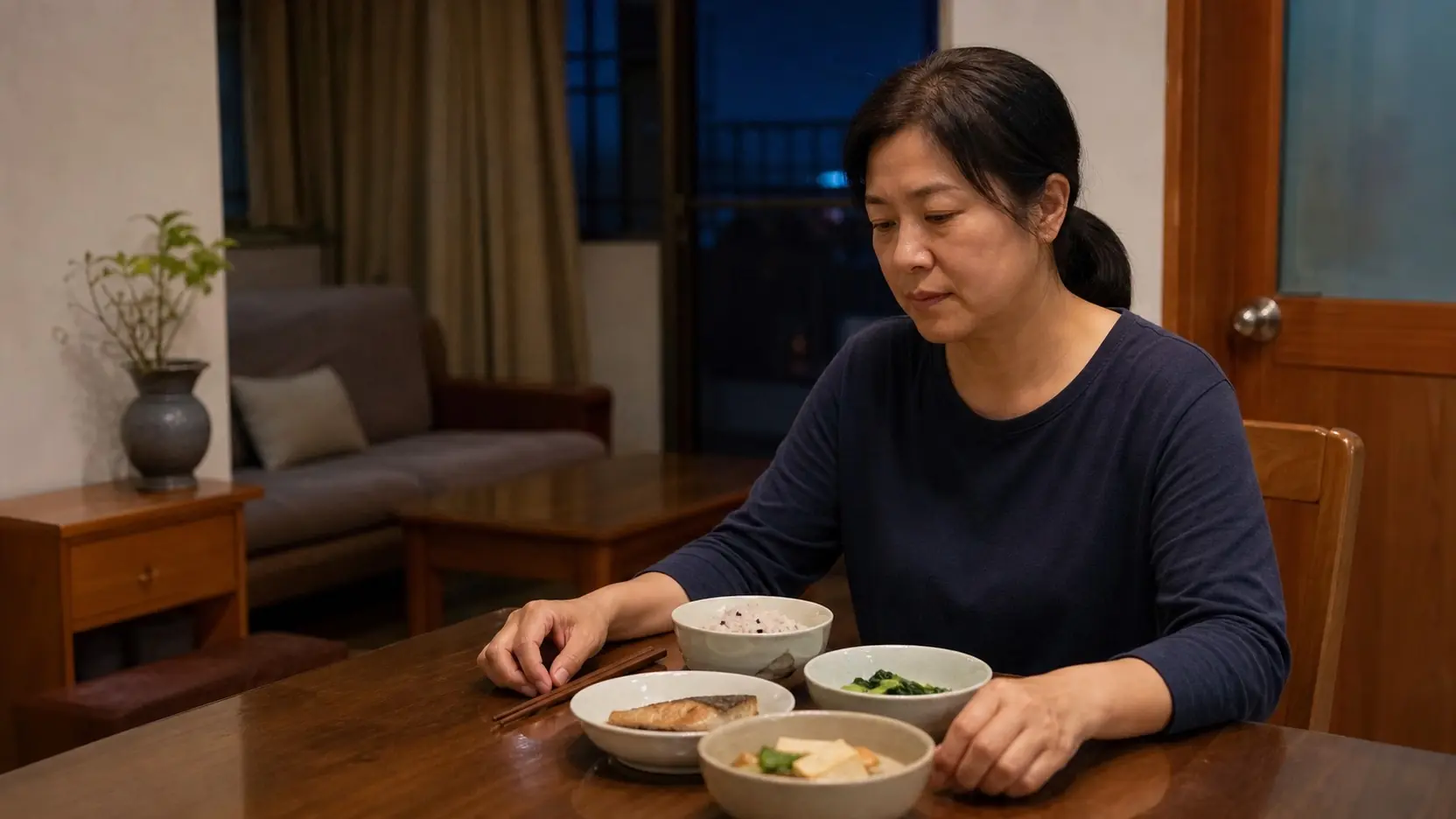 中年臺灣女性在晚餐桌前暫停用餐並安靜看著餐點