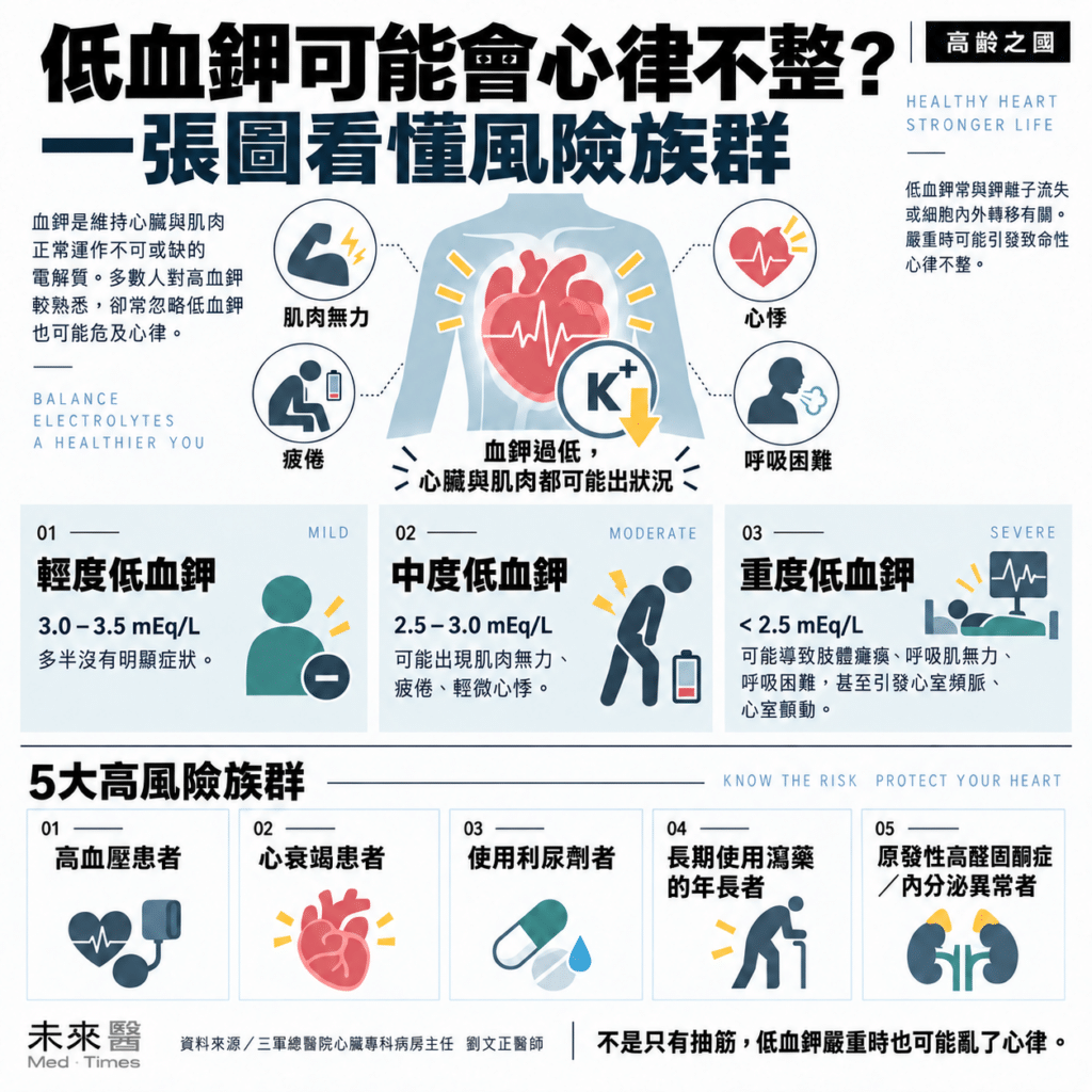 低血鉀是血中鉀離子濃度偏低的狀態，輕者可能沒有明顯不適，嚴重時恐出現肌肉無力、呼吸困難與致命性心律不整。長期使用瀉藥、利尿劑或不當合併減重藥物都可能增加風險，特定族群須依醫囑追蹤血鉀與腎功能。

