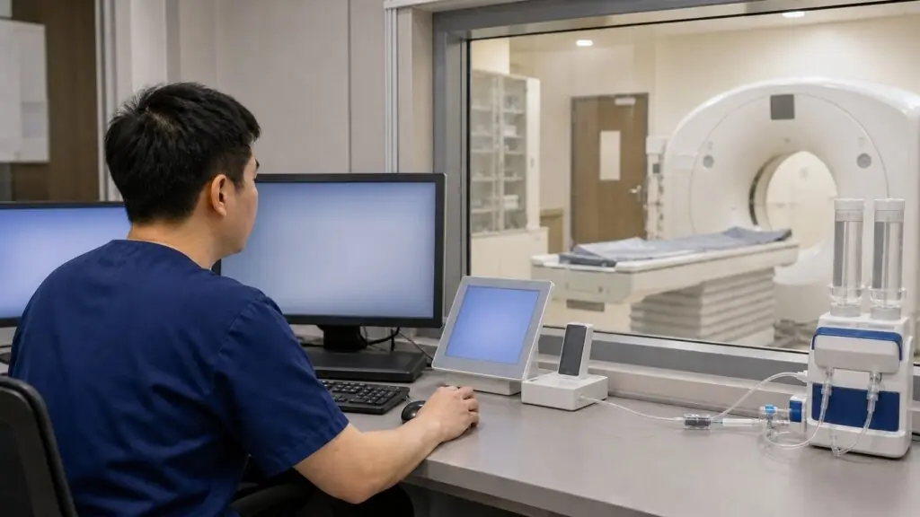 電腦斷層控制區整合顯影劑給藥設備與工作站，支援注射資料紀錄及流程追蹤