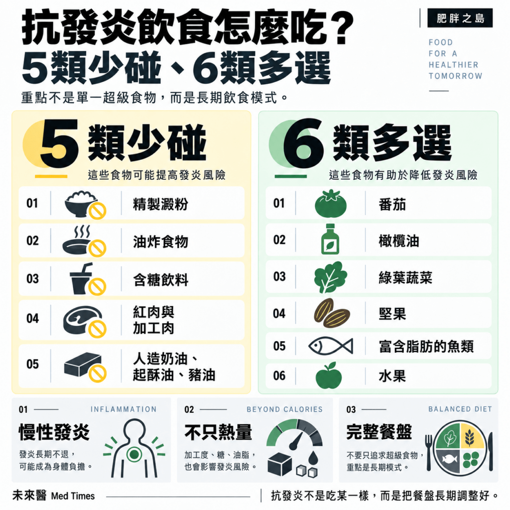 抗發炎飲食怎麼吃?5類食物少碰、6類多選,哈佛提醒別只鎖定單一食材 2 抗發炎飲食可掌握「5類少吃、6類多吃」:少吃精製澱粉、油炸物、含糖飲料、紅肉與加工肉品及動物油脂;多吃番茄、橄欖油、綠葉蔬菜、堅果、脂肪豐富的魚類與水果,並以全穀類、蔬果、魚類及健康油脂為主的地中海飲食作為日常原則。