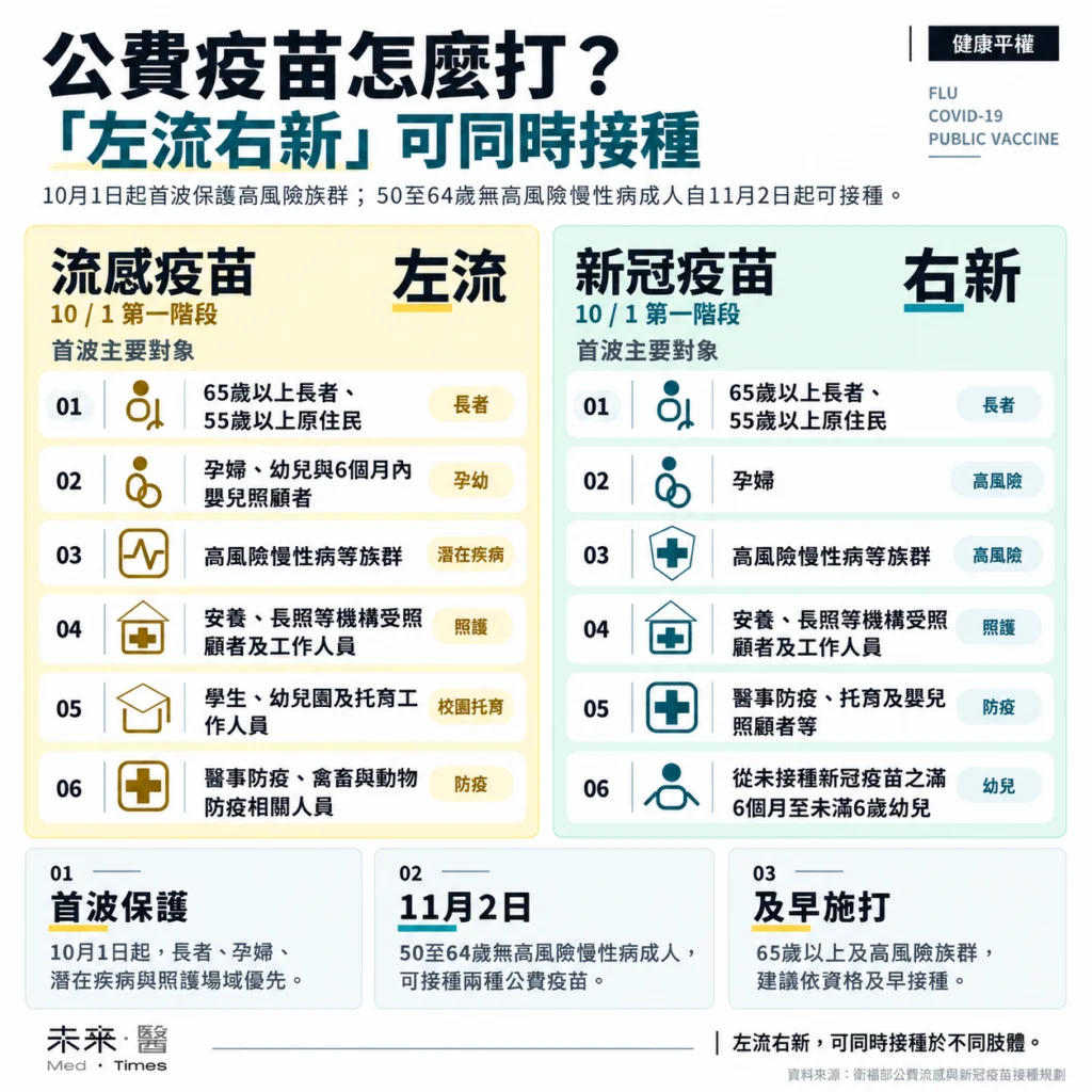 15年度公費流感與新冠疫苗自10月1日起分階段開打，接種流感疫苗可獲450健康幣、新冠疫苗900幣、肺炎鏈球菌疫苗600幣；18歲以上民眾不論公費或自費接種皆可依規定累積。今年流感疫苗採購705萬150劑，首次突破700萬劑；新冠疫苗採購240萬劑。公費接種首波涵蓋長者、孕婦、慢性病患者、醫事防疫人員、學生及長照機構等族群，50至64歲無高風險慢性病成人則自11月2日起第二階段接種。