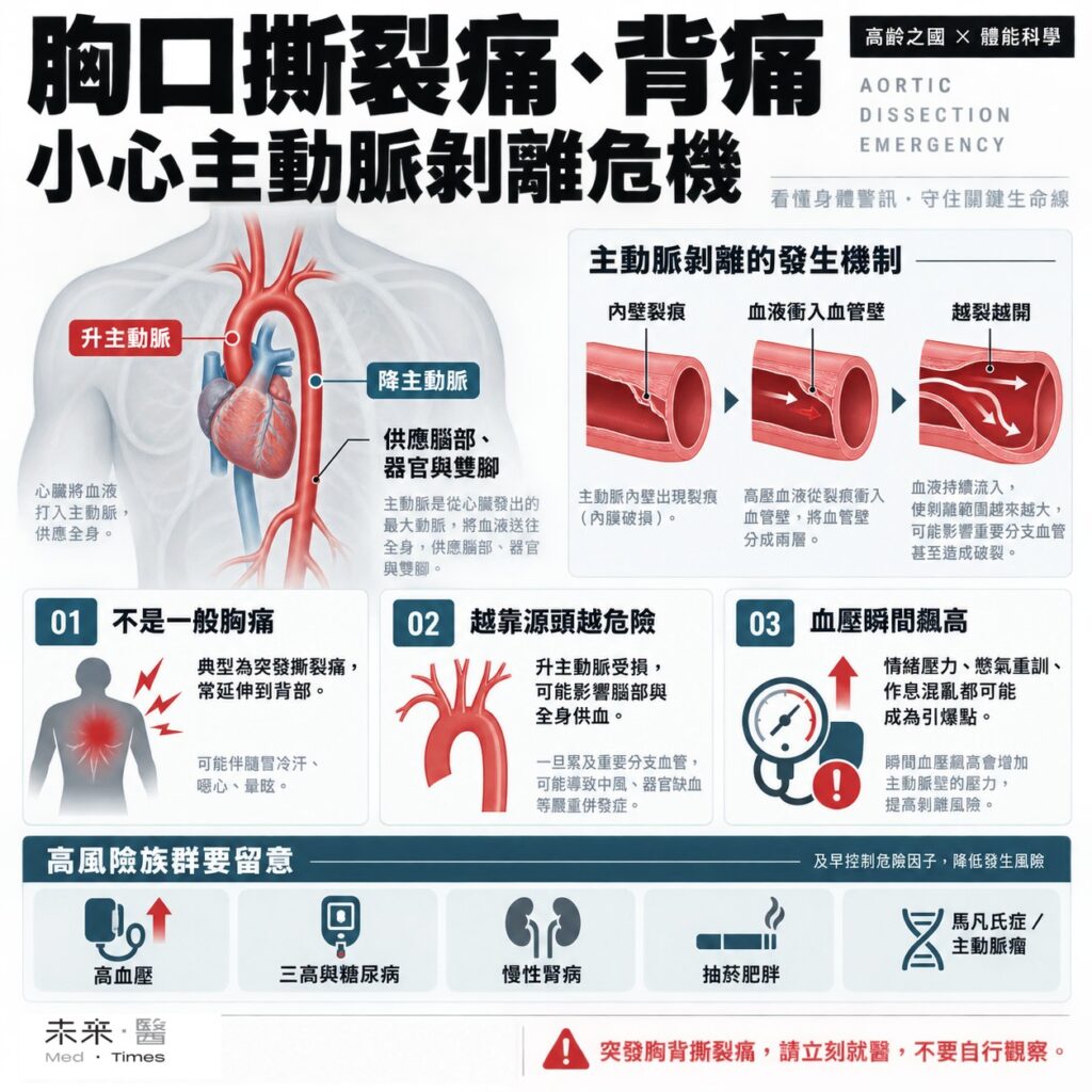 主動脈剝離影響全身供血?胸口撕裂痛、背痛是警訊:青壯年應避免血壓快速升高 1 主動脈剝離可能伴隨胸口撕裂痛與背痛