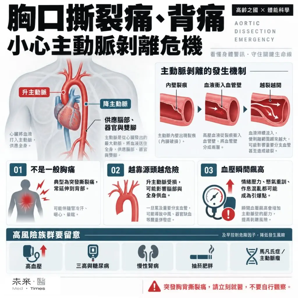 主動脈剝離可能伴隨胸口撕裂痛與背痛
