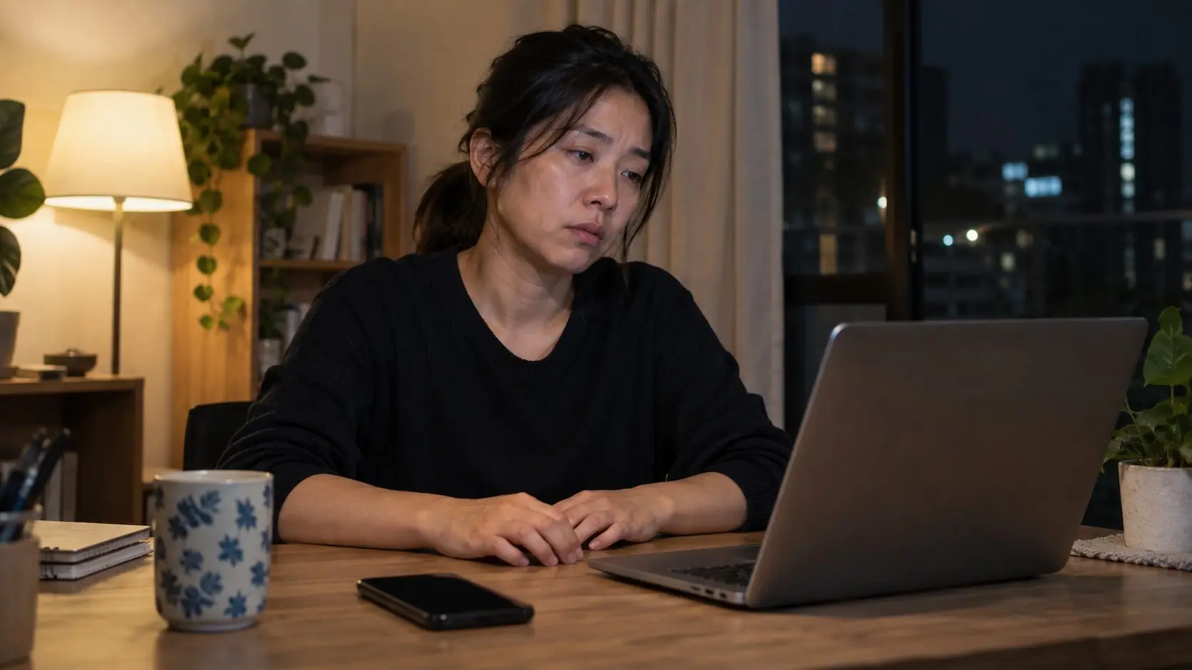 數位疲勞情境中，上班族夜間持續使用筆電，反映注意力耗竭與睡眠界線被壓縮