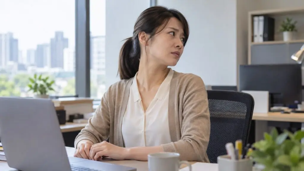 女性上班族因頸部活動不適而轉頭，提醒甲狀腺結節可能影響日常生活