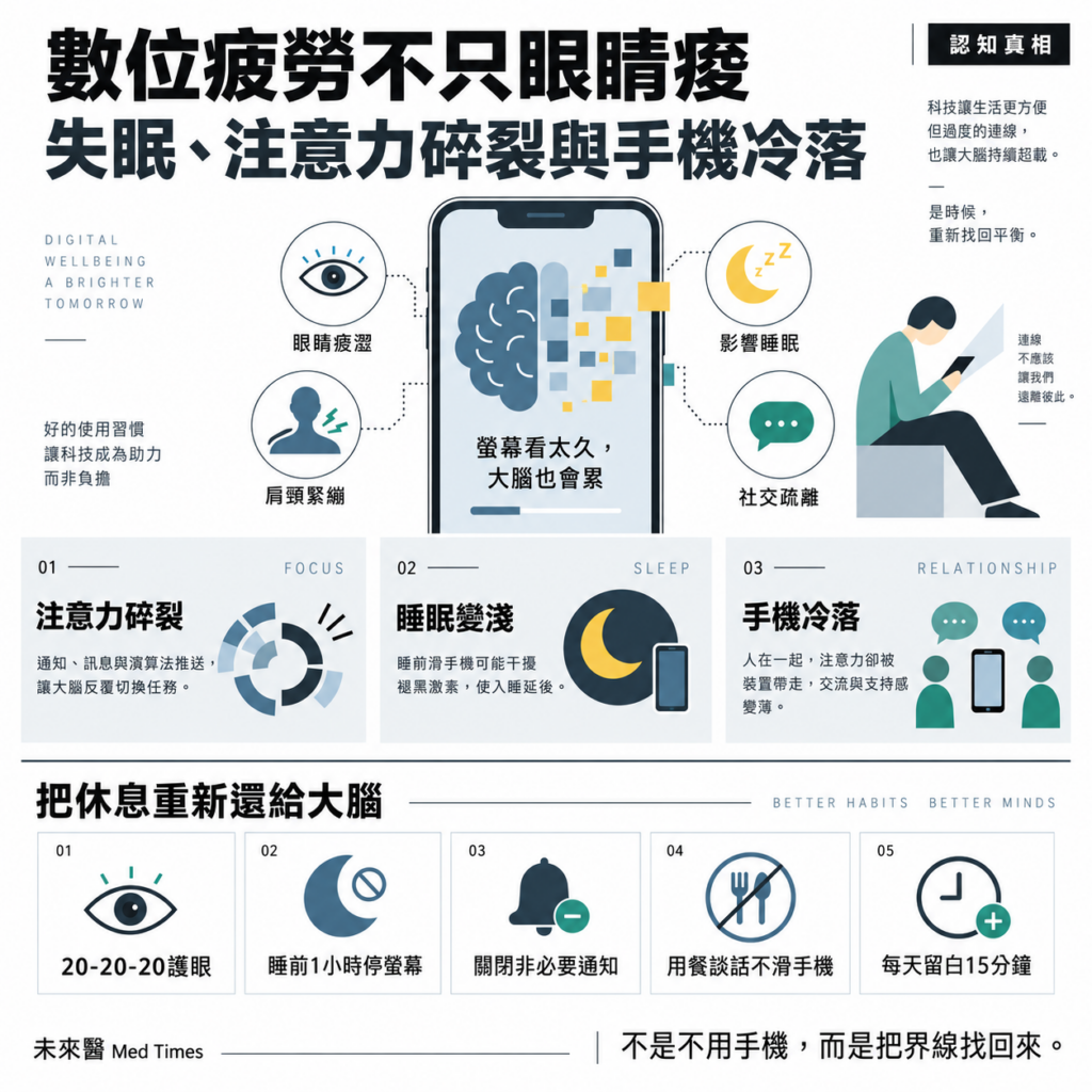 數位疲勞不只眼睛痠!失眠、注意力碎裂與手機冷落 20-20-20護眼、睡前1小時停螢幕 6 數位疲勞正從眼睛乾澀、肩頸緊繃一路影響睡眠、注意力、情緒與人際互動。長時間在手機、電腦、社群與即時訊息間切換,會讓注意力反覆中斷。睡前持續看螢幕,還可能干擾褪黑激素分泌,使入睡延後、睡眠變淺。社群平台不固定出現的按讚與新訊息,也容易讓人反覆刷新,擔心錯過動態,甚至在比較中累積焦慮與自我懷疑。改善可從具體界線著手:落實20-20-20護眼原則、調整螢幕角度、睡前1小時停用裝置、關閉非必要通知,並把用餐與談話留作無手機時段。每天安排至少15分鐘安靜、散步或接觸自然,能為注意力保留恢復空間。